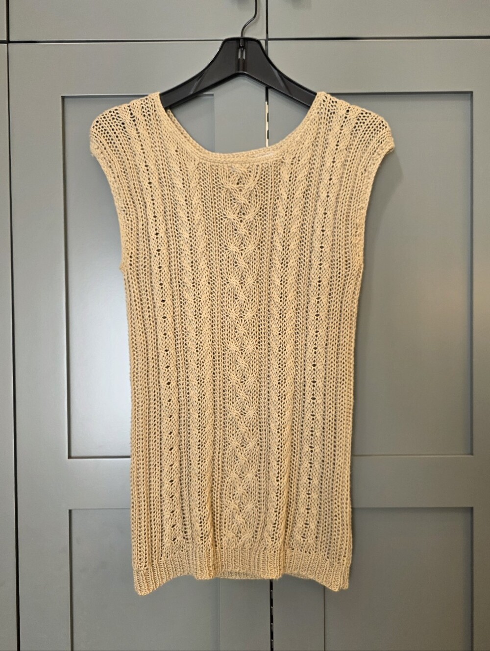 Vintage Beige Crochet Knit Tank Top 100% Linen Cableknit Women's Sz S Old Money